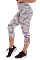 Wholesale Womens High Waist Tummy Control Sports Capri Leggings - Blue & White Camo