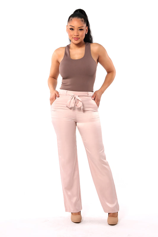 Wholesale Womens Tribute Silk Straight Leg Pants With Self Tie - Blush Pink