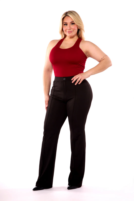 Wholesale Womens Plus Size High Waist Flare Pants With Front Pleating & Button Waist Detail - Black
