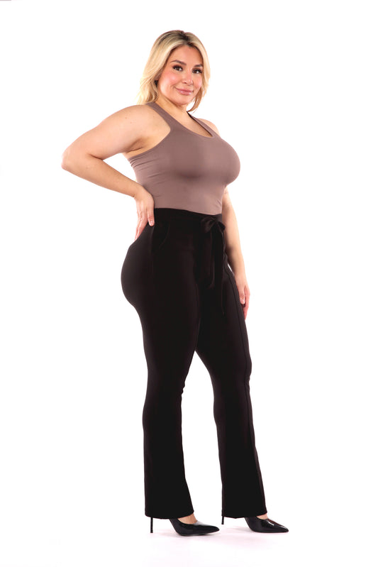 Wholesale Womens Plus Size High Waist Flare Pants With Front Seam Detail And Waist Tie - Black