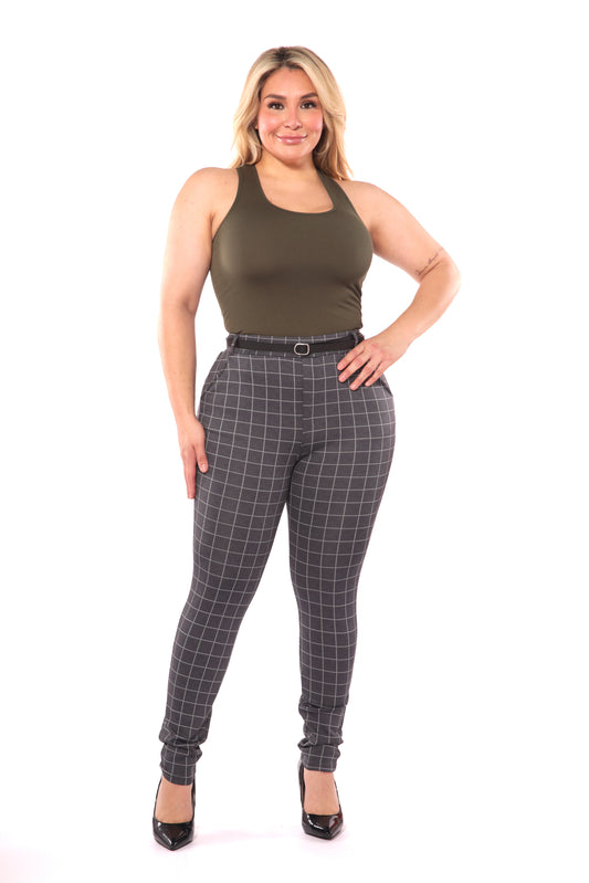 Wholesale Womens Plus Size Sculpting Treggings With Faux Leather Belt - Gray & White Plaid