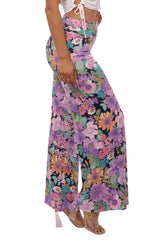 Wholesale Womens High Waist Wide Leg Palazzo Pants - Navy, Multicolor Floral Print
