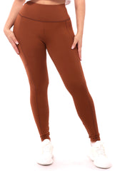 Wholesale Womens High Waist Contrast Seam Fleece Lined Leggings With Side Pockets - Camel