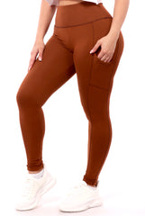 Wholesale Womens High Waist Contrast Seam Fleece Lined Leggings With Side Pockets - Camel
