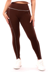 Wholesale Womens High Waist Contrast Seam Fleece Lined Leggings With Side Pockets - Chocolate Brown