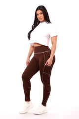 Wholesale Womens High Waist Contrast Seam Fleece Lined Leggings With Side Pockets - Chocolate Brown