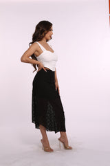 Wholesale Womens Blonde Lace Asymmetric Midi Skirt - Black