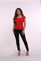 Wholesale Womens Ruffle Sleeves Rib Knit Tank Tops - Red