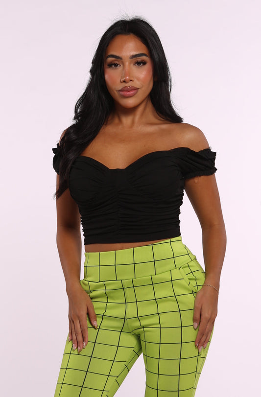 Wholesale Womens Ruched Mesh Crop Tops With Ruffle Sleeves - Black