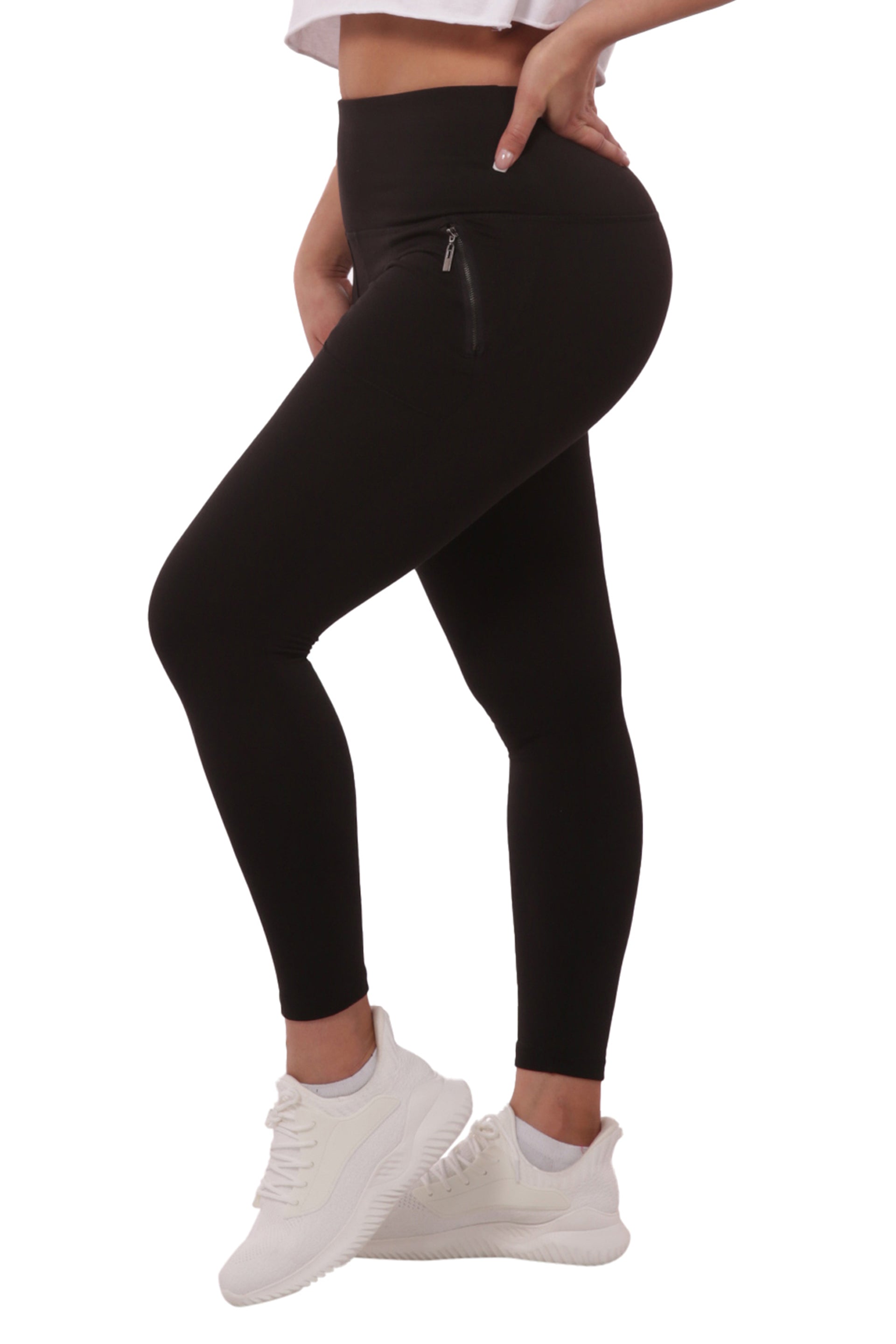 Wholesale Womens High Rise Buttery Soft Leggings With Zipper Pockets - Black - S&G Apparel