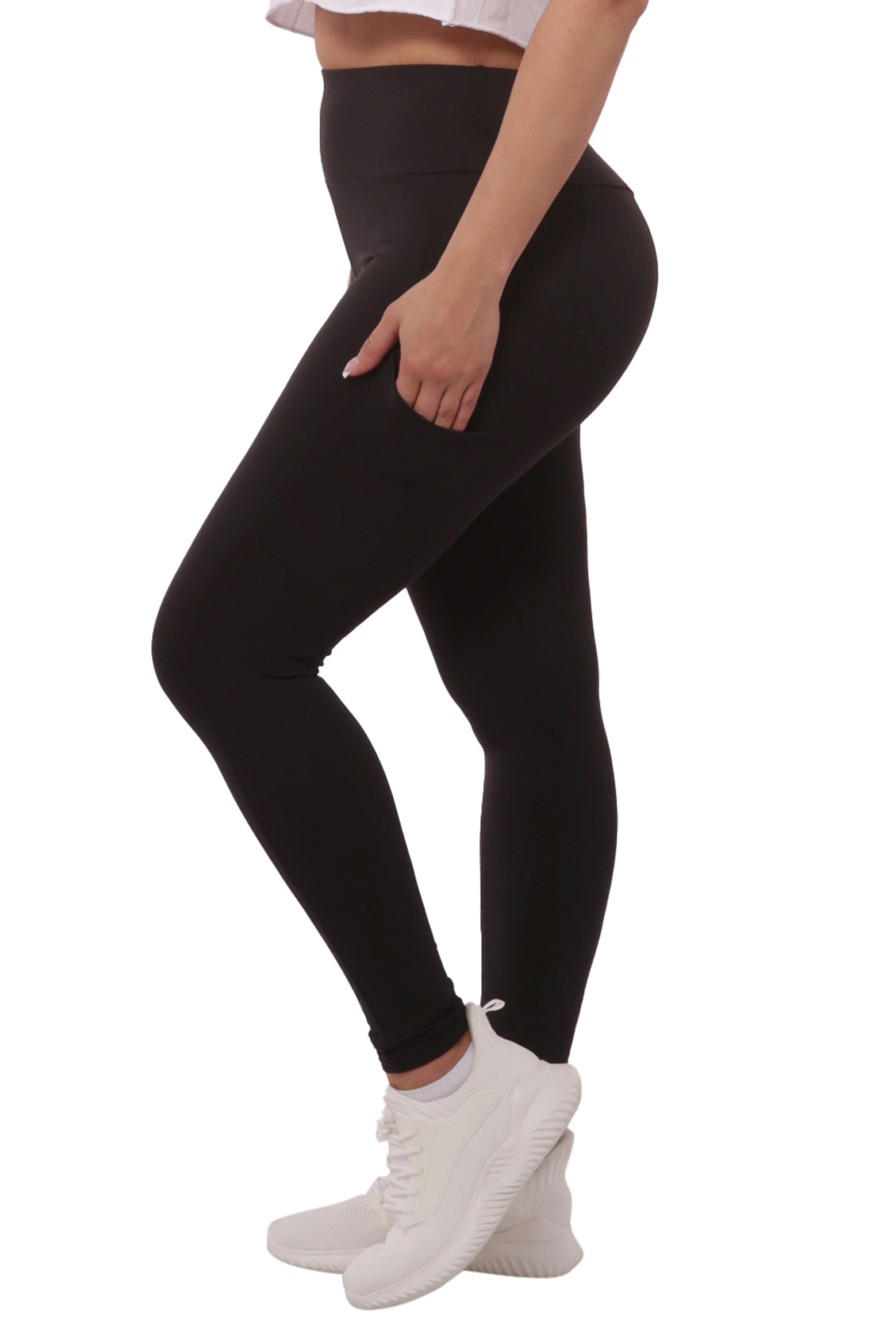 Wholesale Womens High Waist Fleece Lined Leggings With Side Pockets - Black - S&G Apparel