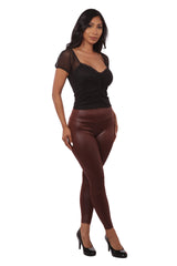 Wholesale Womens High Waist Scrunch Butt PU Faux Leather Leggings - Chocolate Brown - S&G Apparel