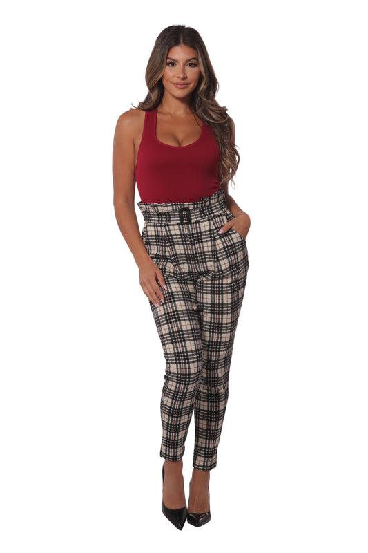 Wholesale Womens Paperbag Waist Knit Crepe Pleat Pants With Buckle Belt - Cream, Black, Red Plaid - S&G Apparel