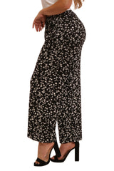 Wholesale Womens Elastic Waist Cropped Pull On Wide Leg Pants - Black & White Flower - S&G Apparel