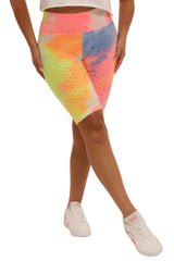 Wholesale Womens High Waist Honeycomb Textured Butt Scrunch Biker Shorts - Tie Dye Neon Green & Pink - S&G Apparel