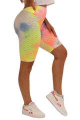 Wholesale Womens High Waist Honeycomb Textured Butt Scrunch Biker Shorts - Tie Dye Neon Green & Pink - S&G Apparel