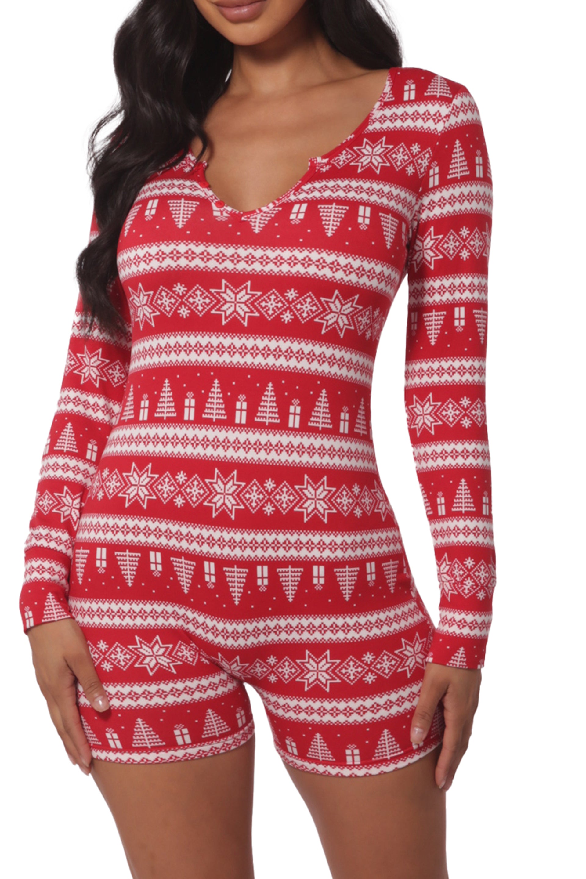 Wholesale Womens Holiday Print Fleece Lined Romper Onesie - Red & White
