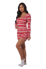 Wholesale Womens Holiday Print Fleece Lined Romper Onesie - Red & White
