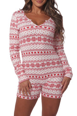 Wholesale Womens Holiday Print Fleece Lined Romper Onesie - White & Red
