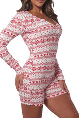 Wholesale Womens Holiday Print Fleece Lined Romper Onesie - White & Red
