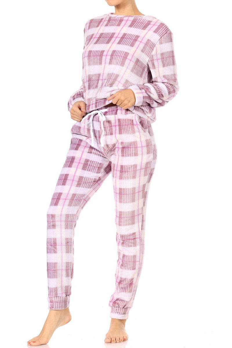 Wholesale Womens Double Plush Fur Pull Over Sweater + Sweatpants Pajamas Sets - Lavender Plaid Christmas Print