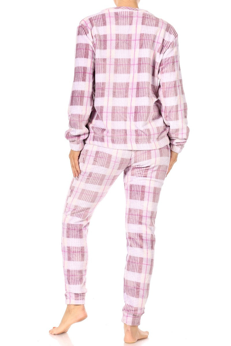 Wholesale Womens Double Plush Fur Pull Over Sweater + Sweatpants Pajamas Sets - Lavender Plaid Christmas Print