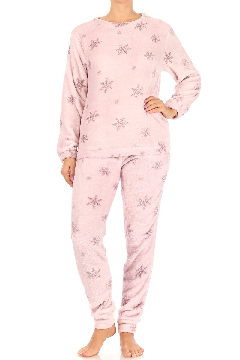 Wholesale Womens Double Plush Fur Pull Over Sweater + Sweatpants Pajamas Sets - Pink Christmas Print