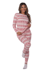 Wholesale Womens Holiday Print Fleece Lined Long Sleeve Top & Sweatpants Pajama Set - White & Red