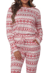 Wholesale Womens Holiday Print Fleece Lined Long Sleeve Top & Sweatpants Pajama Set - White & Red