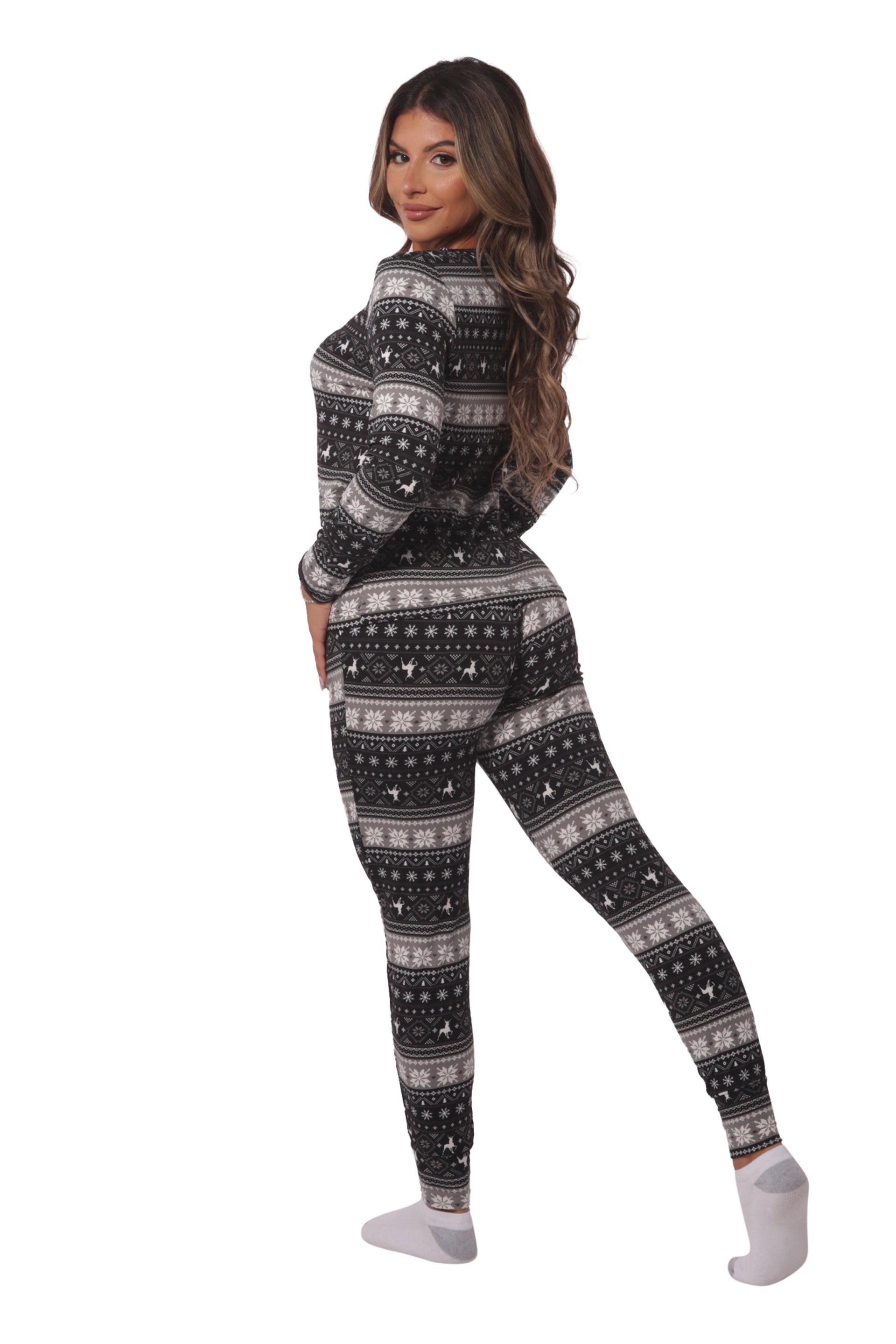Wholesale Womens Holiday Print Fleece Lined Long Sleeve Top & Sweatpants Pajama Set - Black, Gray & White