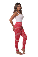 Wholesale Womens Holiday Print High Waist Fleece Lined Leggings - Red & White