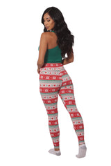 Wholesale Womens Holiday Print High Waist Fleece Lined Leggings - White, Red & Green