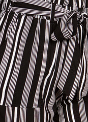 Wholesale Womens Paperbag Waist Shorts With Self Tie - Black, White Stripes