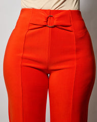 Wholesale Womens High Waist Straight Leg Pants With O-Ring Buckle Waist Detail - Vermilion