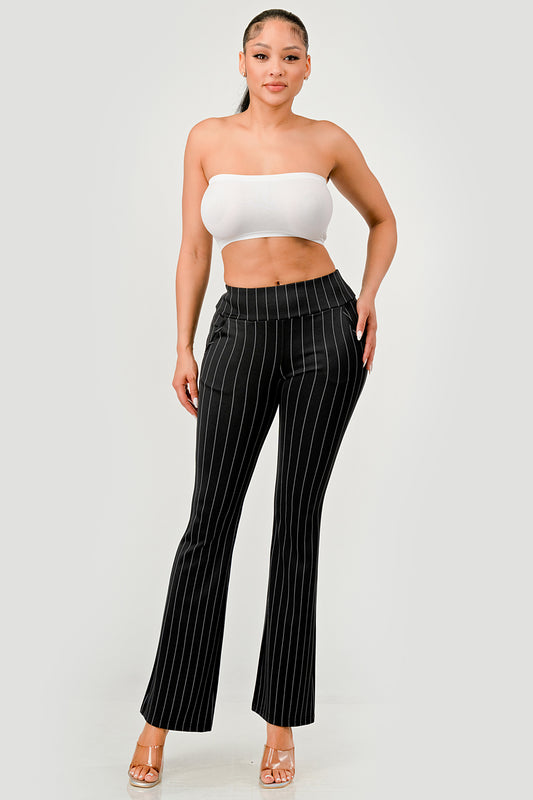 Wholesale Womens Tummy Control Butt Sculpting Flare Pants With Pockets - Black, White Stripe