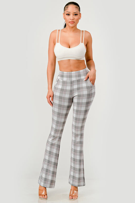 Wholesale Womens Tummy Control Butt Sculpting Flare Pants With Pockets - Gray, Pink, White Plaid