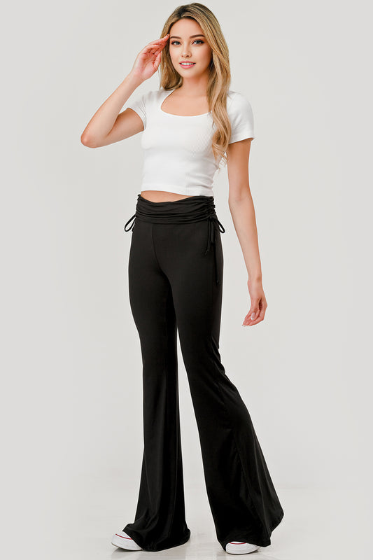 Wholesale Womens Drawstring Ruched Waist Flare Pants - Black