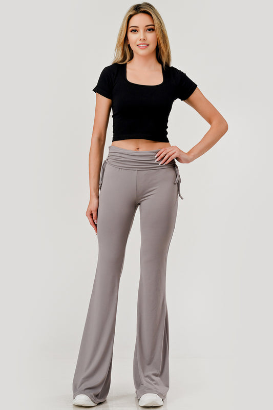 Wholesale Womens Drawstring Ruched Waist Flare Pants - Fossil Gray