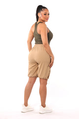 Wholesale Womens Nylon Cargo Shorts With Bungee Cord Tie Hem - Desert Khaki
