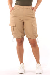 Wholesale Womens Nylon Cargo Shorts With Bungee Cord Tie Hem - Desert Khaki