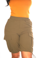 Wholesale Womens Nylon Cargo Shorts With Bungee Cord Tie Hem - Dark Olive