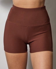 Wholesale Womens Rib Knit High Waist Hot Shorts - Chocolate Brown