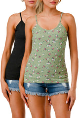 Wholesale Womens 2-Pack Rib Knit Cami Tank Tops - Black, Green Floral