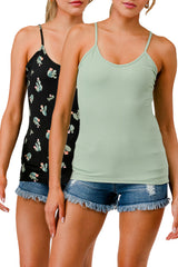 Wholesale Womens 2-Pack Rib Knit Cami Tank Tops - Black, Green Cactus