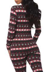 Wholesale Womens Holiday Print Fleece Lined Jumpsuit Onesie - Black, Red & White