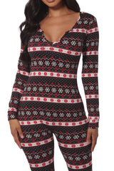 Wholesale Womens Holiday Print Fleece Lined Jumpsuit Onesie - Black, Red & White