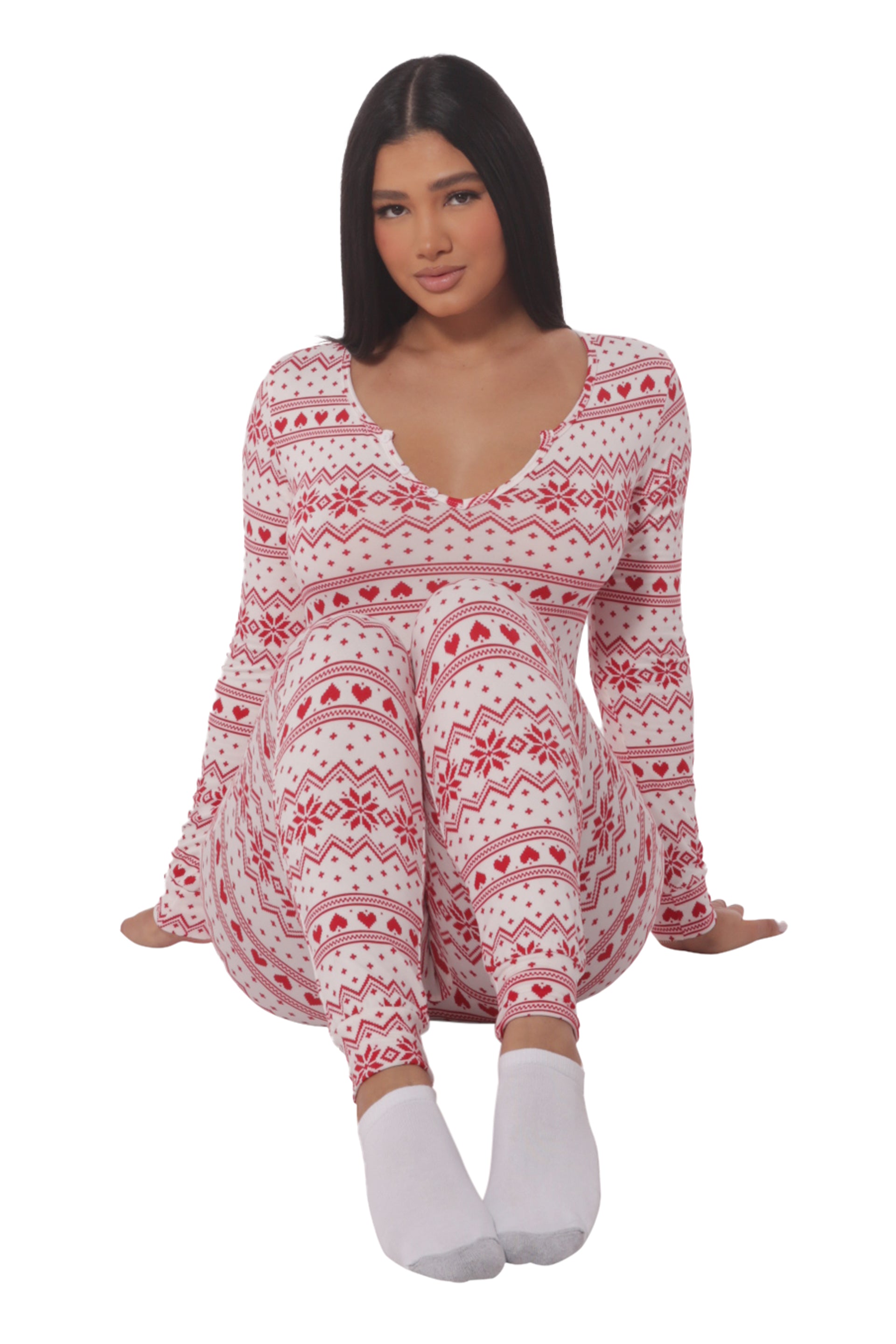 Wholesale Womens Holiday Print Fleece Lined Jumpsuit Onesie - Red & White