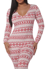 Wholesale Womens Holiday Print Fleece Lined Jumpsuit Onesie - Red & White