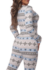Wholesale Womens Holiday Print Fleece Lined Jumpsuit Onesie - White, Blue & Black