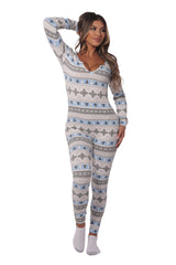 Wholesale Womens Holiday Print Fleece Lined Jumpsuit Onesie - White, Blue & Black